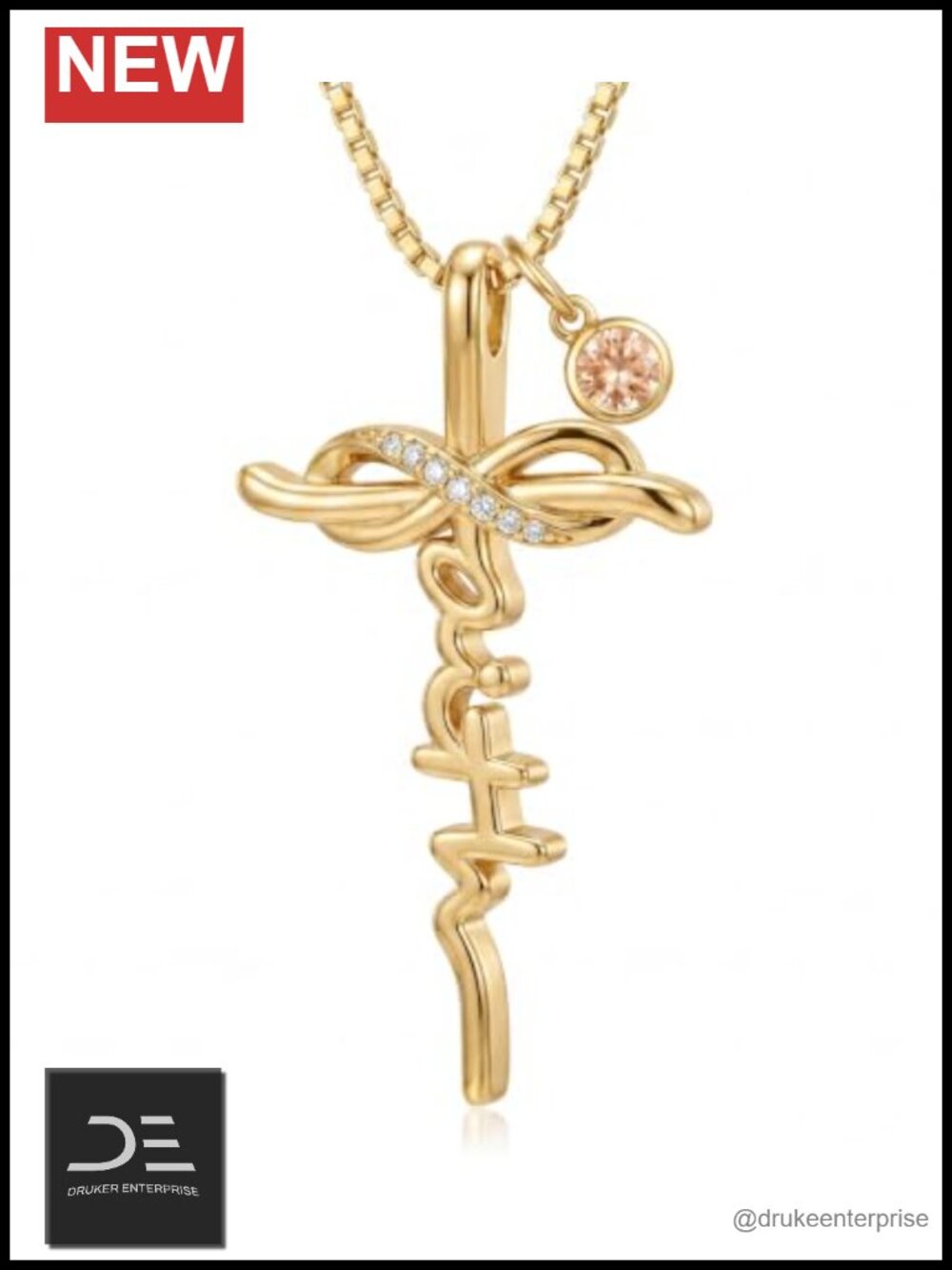 14K Real Gold Plated Cross Necklace Citrine Cubic Zirconia Pendant